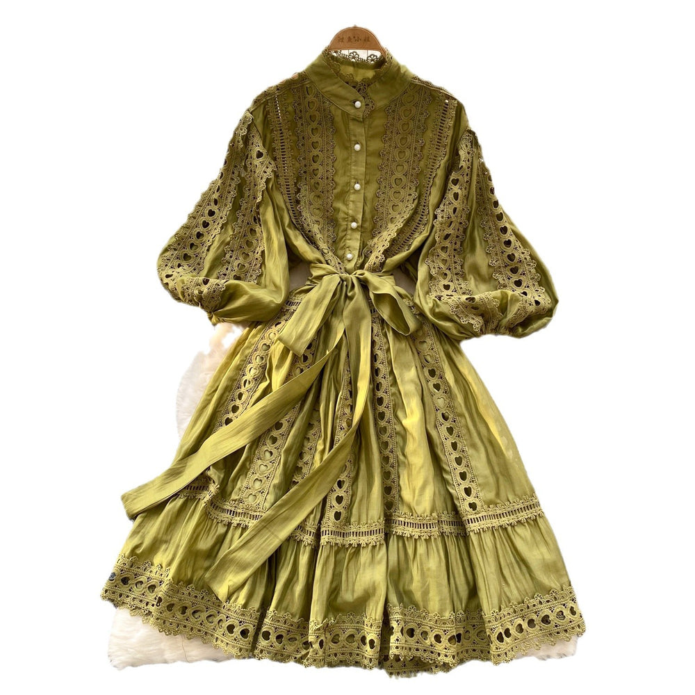 spring/summer new arrival: lantern sleeve vintage hollow-out lace patchwork single-breasted loose tie-waist mini dress for women