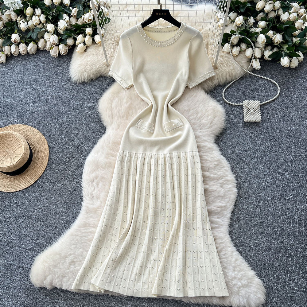 French chic beaded crew neck short sleeve knit dress - women's slimming, figure-flattering, and elegant inner layer sweater dress