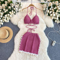 Beach vacation bikini set - women's versatile tassel halter top & knit midi skirt two-piece