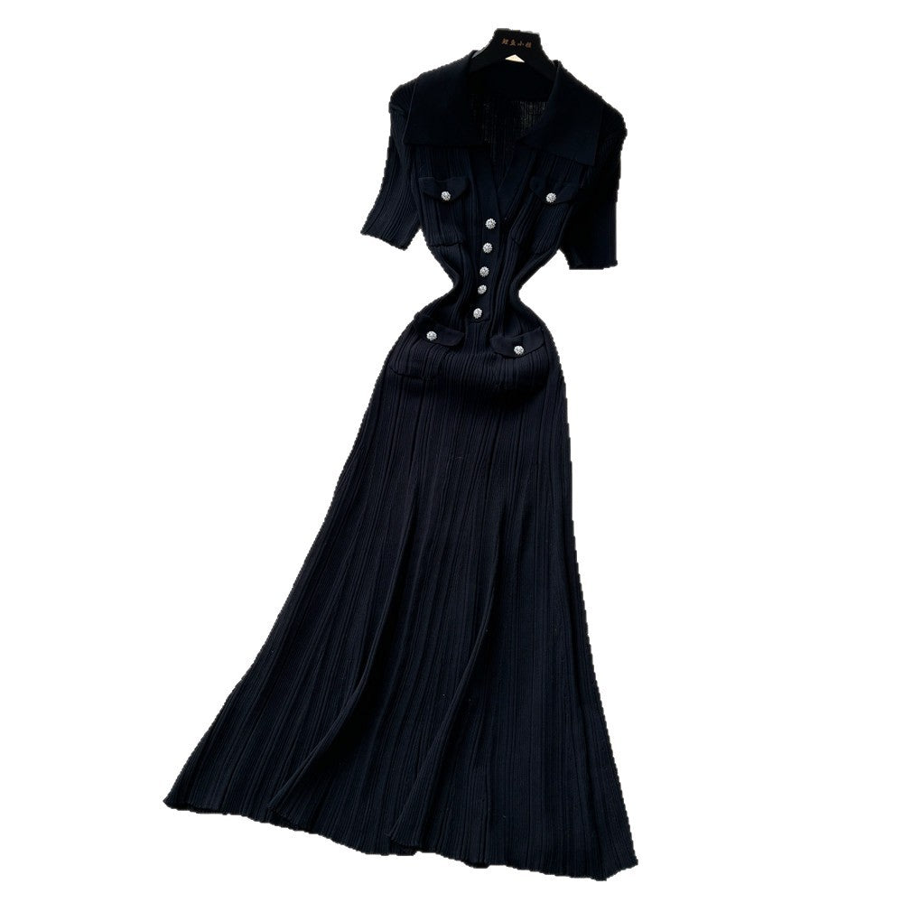 K-style pure desire lapel knitting short-sleeved dress women's summer silm single-breasted waist slimming lookelegant long skirt