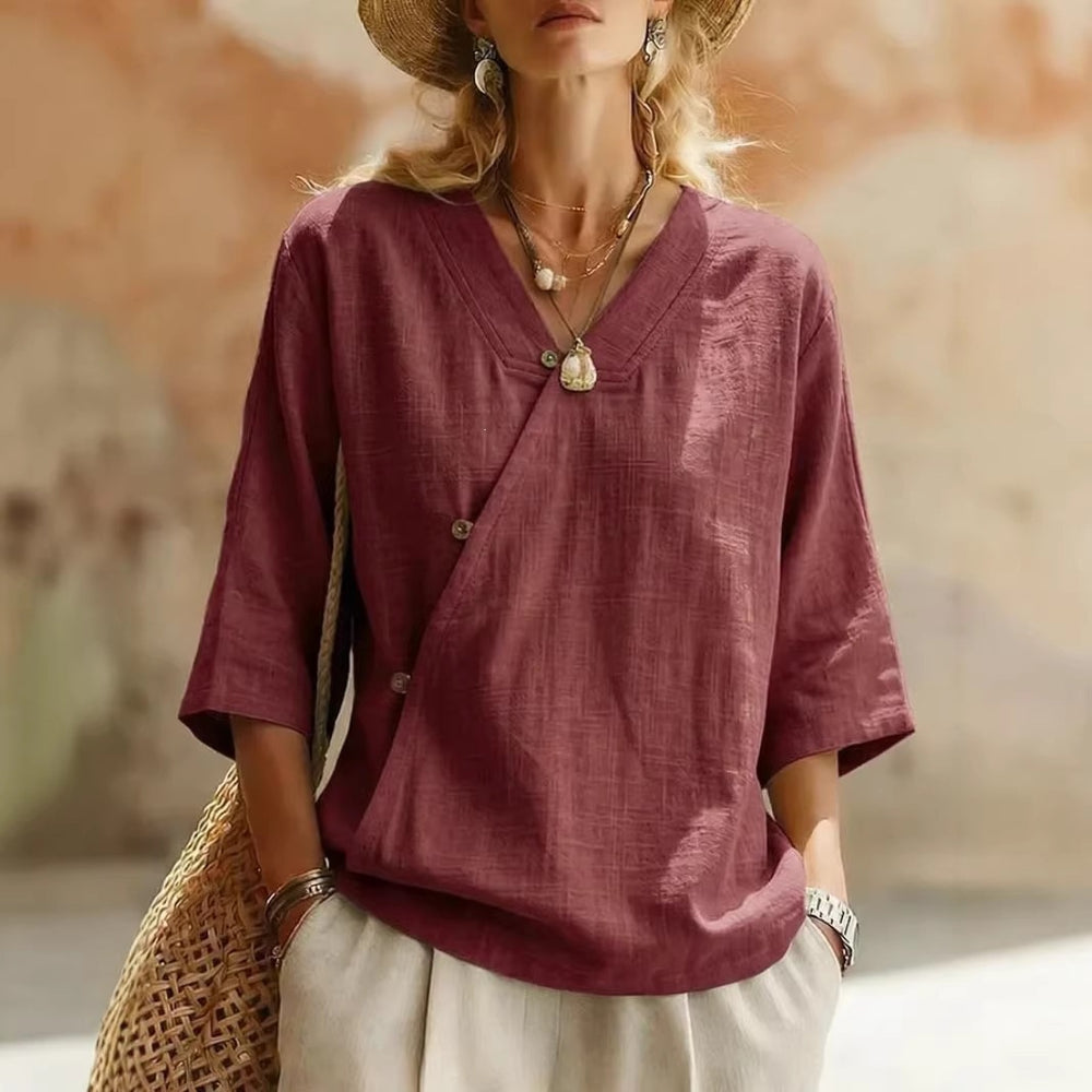 summer new women's solid color cotton linen european and american button-down top - cross-border e-commerce