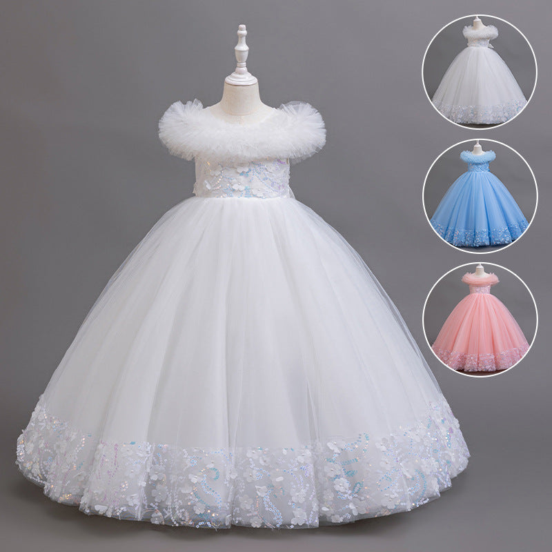 Girls' long tulle evening gown - new elegant performance dress for little girls, runway princess style, european and american fashion