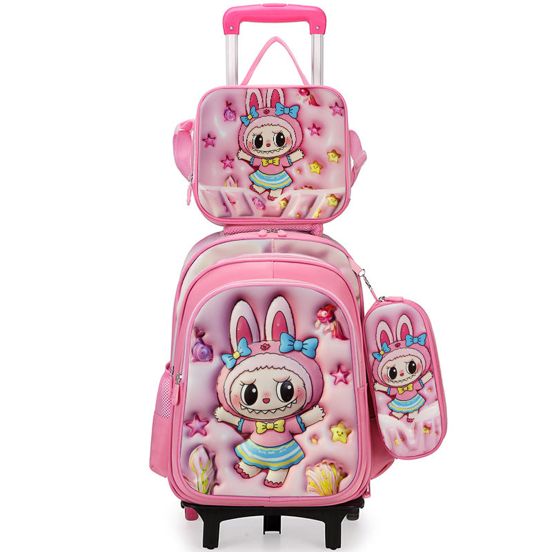 New arrival concave and convex leather primary school student pull rod school bag for grades 3 to 6 kids cartoon three-piece set backpack in stock