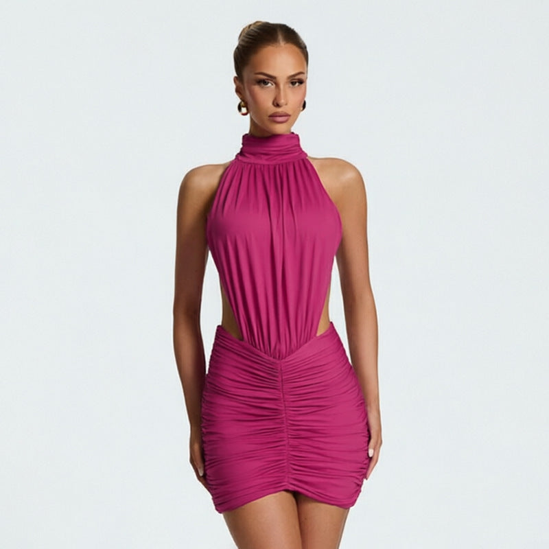 European and american export women's clothing  summer new solid color high neck sleeveless ruched sexy backless bodycon dress