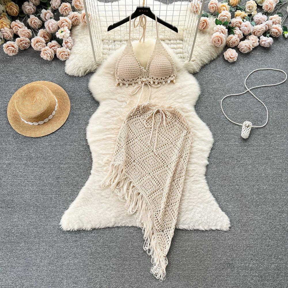 Ins vacation style suit women's sense of design bikini halter vest easiest for match tassel skirt knittingtwo-piece set
