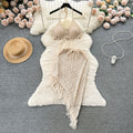 Ins vacation style suit women's sense of design bikini halter vest easiest for match tassel skirt knittingtwo-piece set