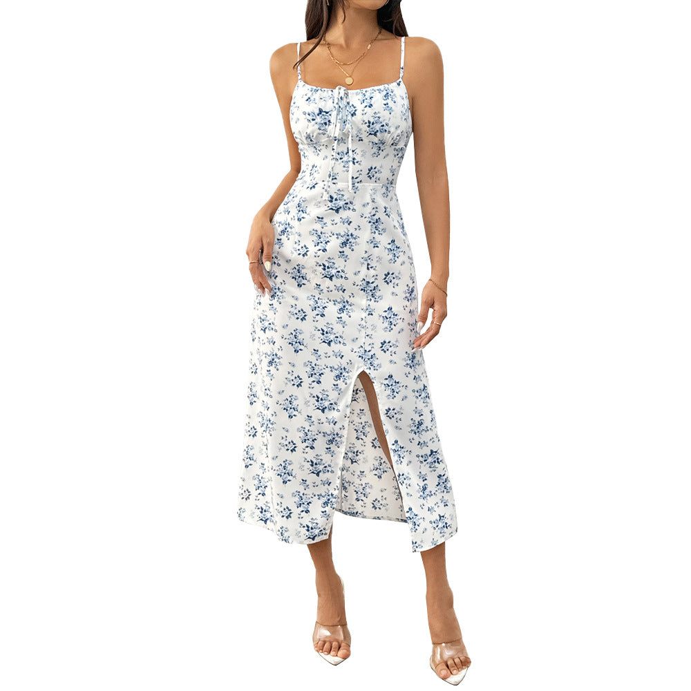 European and American fresh wind suspender floral dress, summer new high-waisted pullover A-shaped medium and long dress