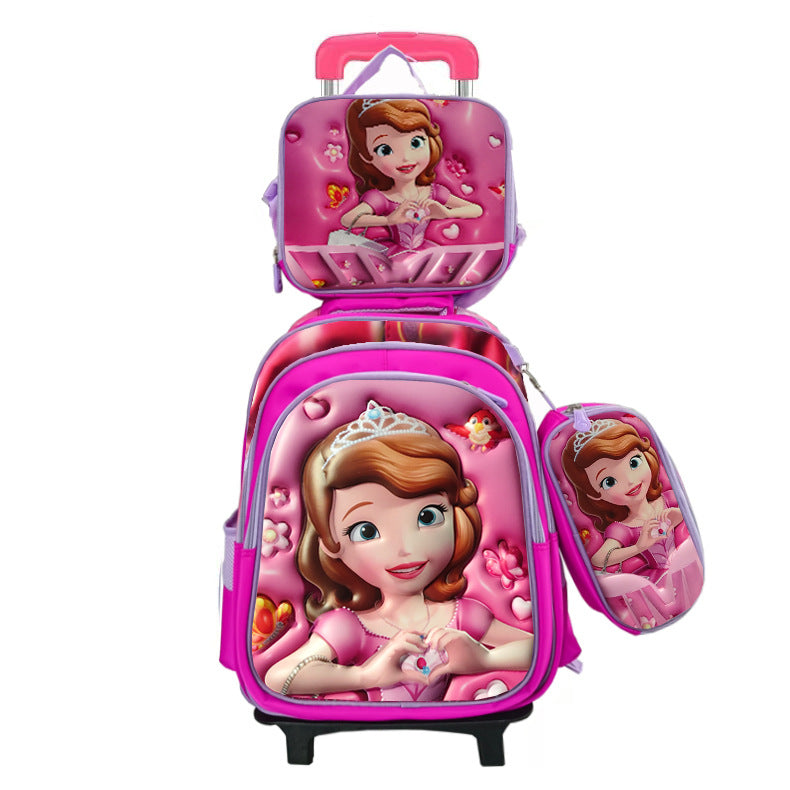 New arrival concave and convex leather primary school student pull rod school bag for grades 3 to 6 kids cartoon three-piece set backpack in stock