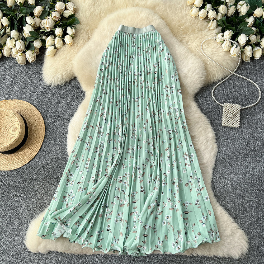 K-style floral high waist elastic waist a-line pleated skirt women's spring summer mid-length skirt slimming look large swing work clothing skirt