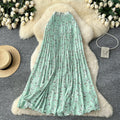 K-style floral high waist elastic waist a-line pleated skirt women's spring summer mid-length skirt slimming look large swing work clothing skirt
