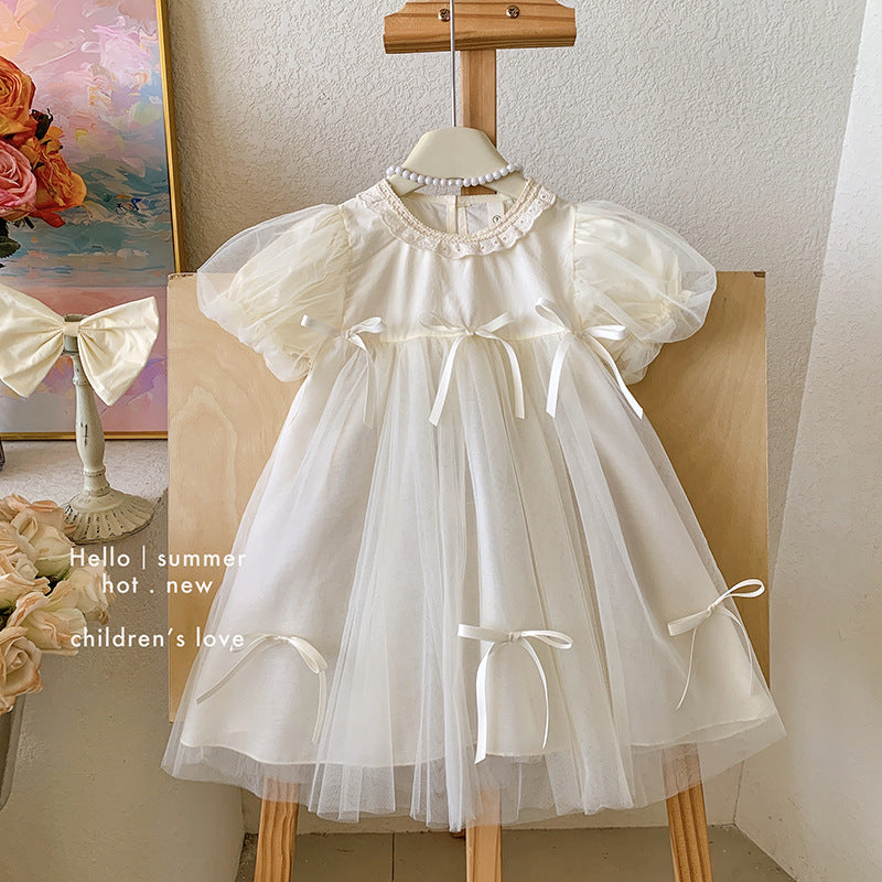 new girls' summer dress: stylish and trendy bubble sleeve mesh dress - sweet and elegant princess style