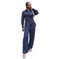 European and american style women's clothing  autumn new collection: sweet and fresh striped turn-down collar long-sleeve shirt and high-waisted straight-leg pants two-piece set
