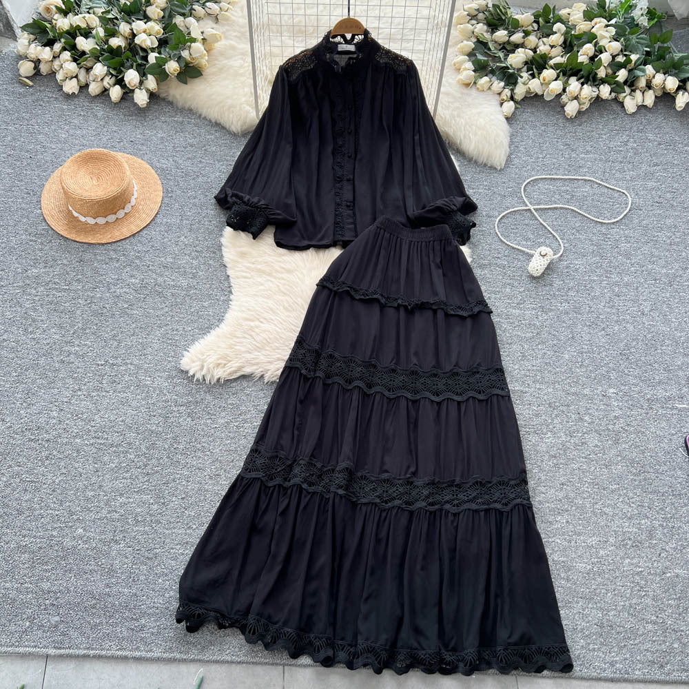 French court style two-piece set: women's high-end hollow-out lace patchwork lantern sleeve blouse and high-waisted flared midi skirt