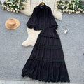 French court style two-piece set: women's high-end hollow-out lace patchwork lantern sleeve blouse and high-waisted flared midi skirt