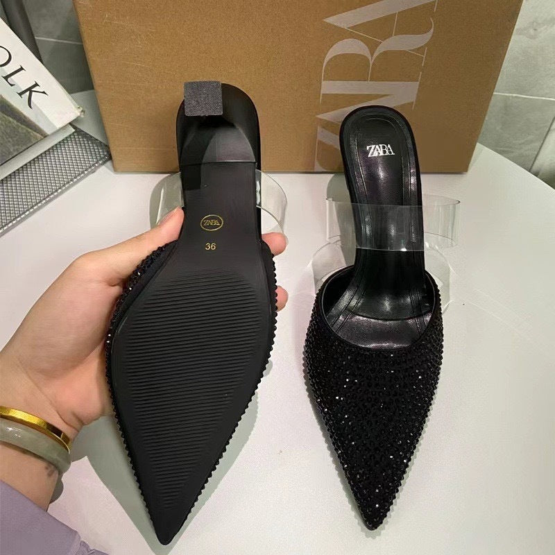 Za new 2024 summer rhinestone peep-toe slingback high heels - women's strappy open heel pointed toe stiletto sandals - trendy style