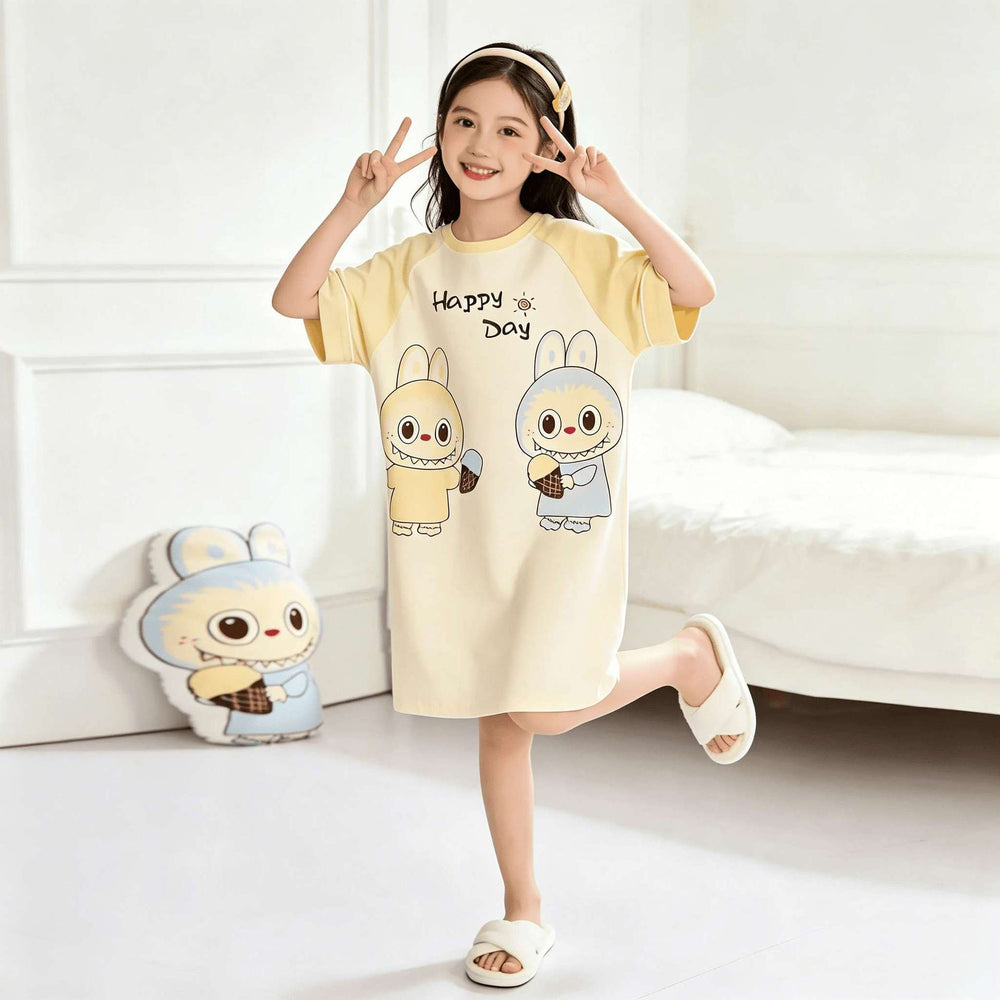 [family style] girls' zhongda tong pajamas suit summer short sleeve baby cartoon cute home clothes nightgown