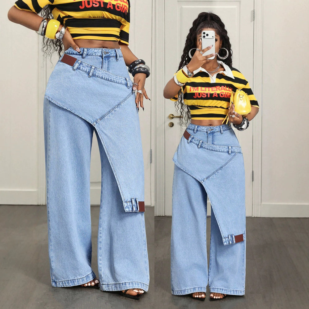 X-pre-sale-66703# cross-border fake two-piece casual versatile straight-leg women's jeans pants