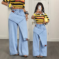 X-pre-sale-66703# cross-border fake two-piece casual versatile straight-leg women's jeans pants