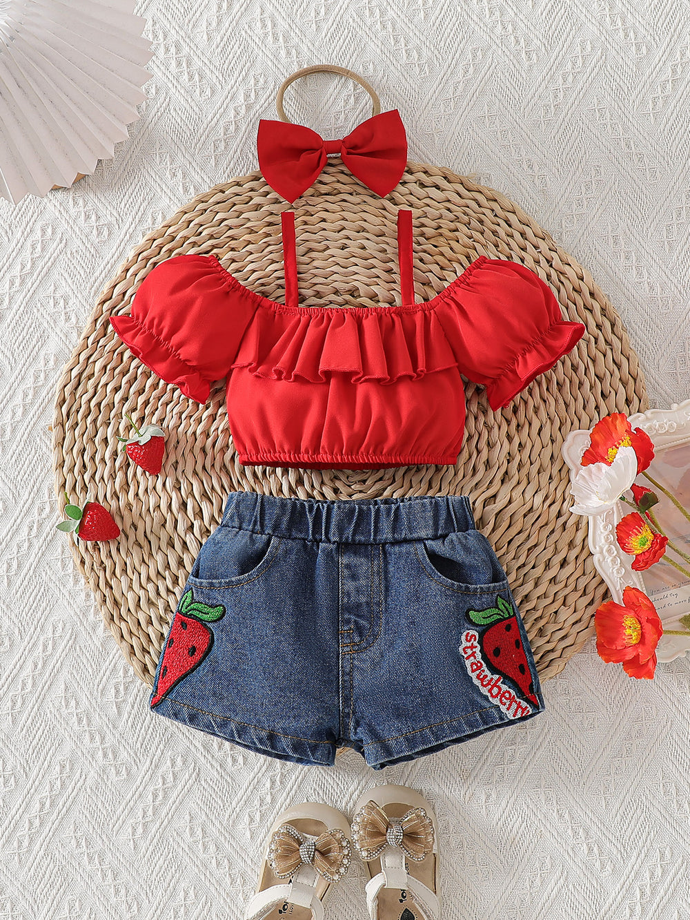 hot selling baby girl one shoulder ruffle suspender tops + strawberry embroidered denim short suit with headscarf