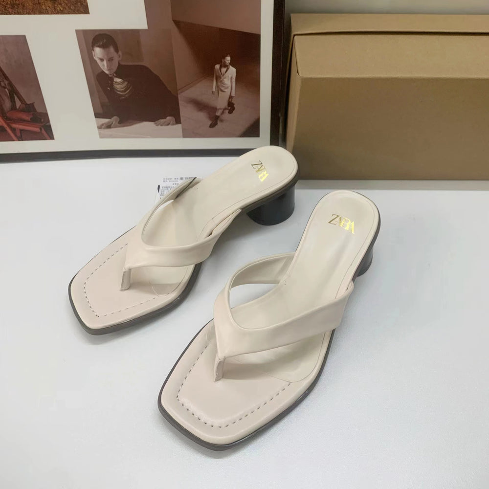 Za summer new 2024 fashionable versatile square toe thong sandals high heel chunky heel round heel sandals for women