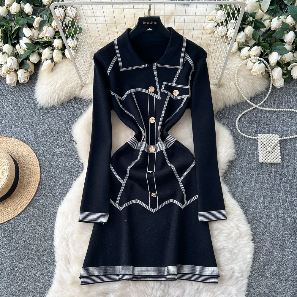 French chic chanel-inspired heavy embellished metal buckle lapel long sleeve slim fit knit dress - women's autumn sweater dress