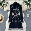 French chic chanel-inspired heavy embellished metal buckle lapel long sleeve slim fit knit dress - women's autumn sweater dress