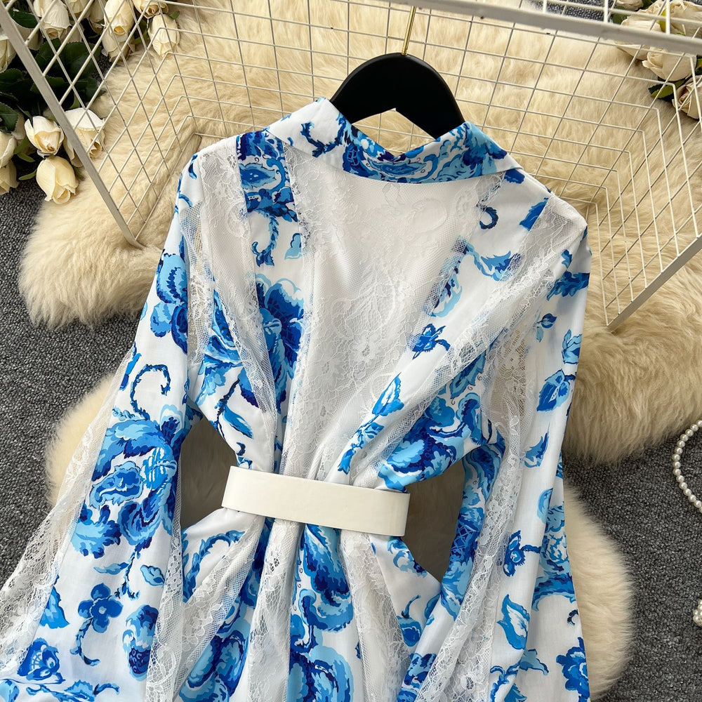 French dress  new arrivalfashioneleganceretro lapel long sleeves waist lacepatchworkprintinglong skirt