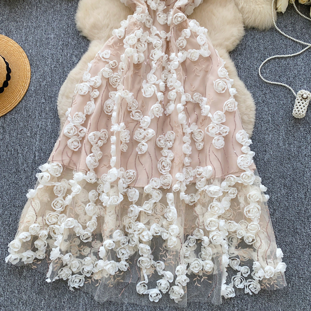 Evening gown high-end women's dress 2025 spring french sequin 3d floral waist-cinching spaghetti strap mesh dress