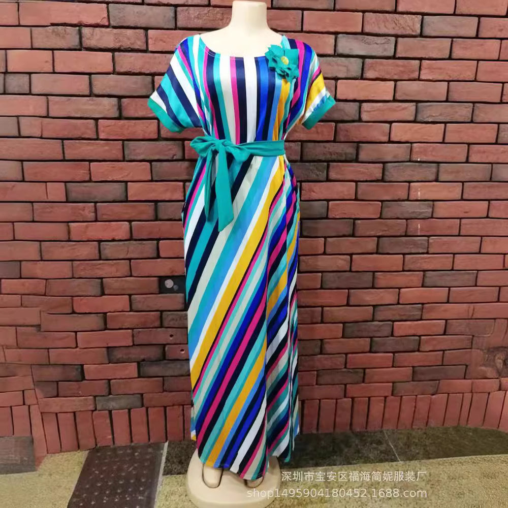 Factory direct export supply: colorful striped batwing sleeve belted maxi dress - clearance sale!