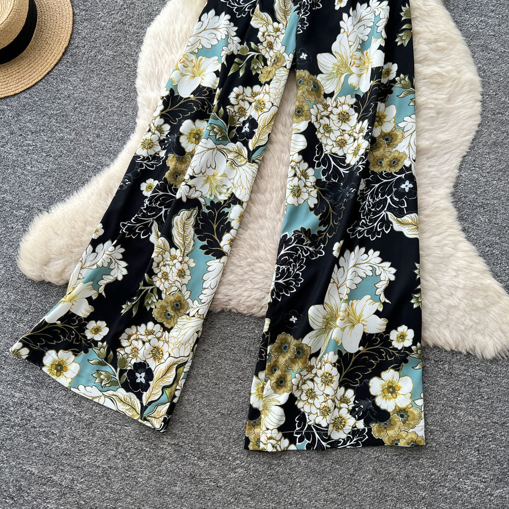 Commuter style v neckfloralsprintingtwo-piece set female autum light mature styleslimming look wide-leg jumpsuitelegantsuit