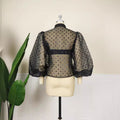 Summer new black v-neck organza polka dot puff sleeve long sleeve sexy see-through blouse versatile top women's clothing