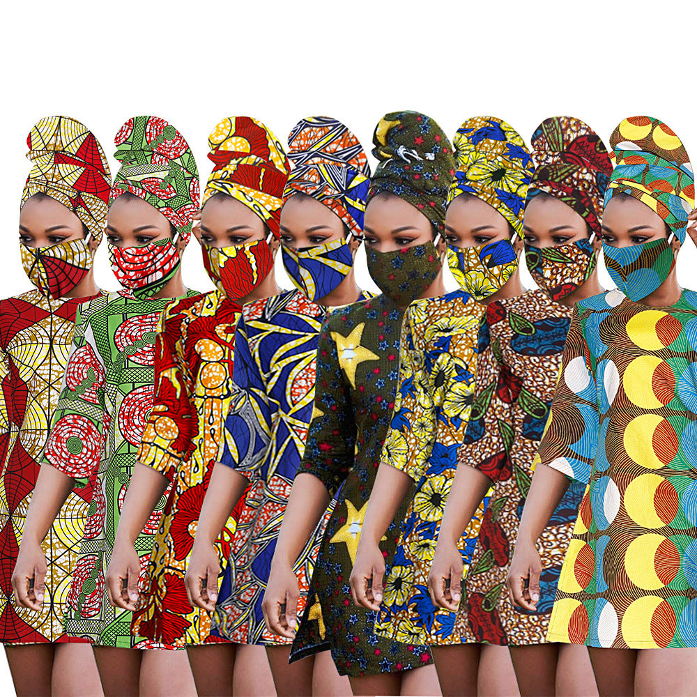 African women's fashion: european and american cross-border e-commerce,   new collection - wax print dress with matching headscarf and face mask