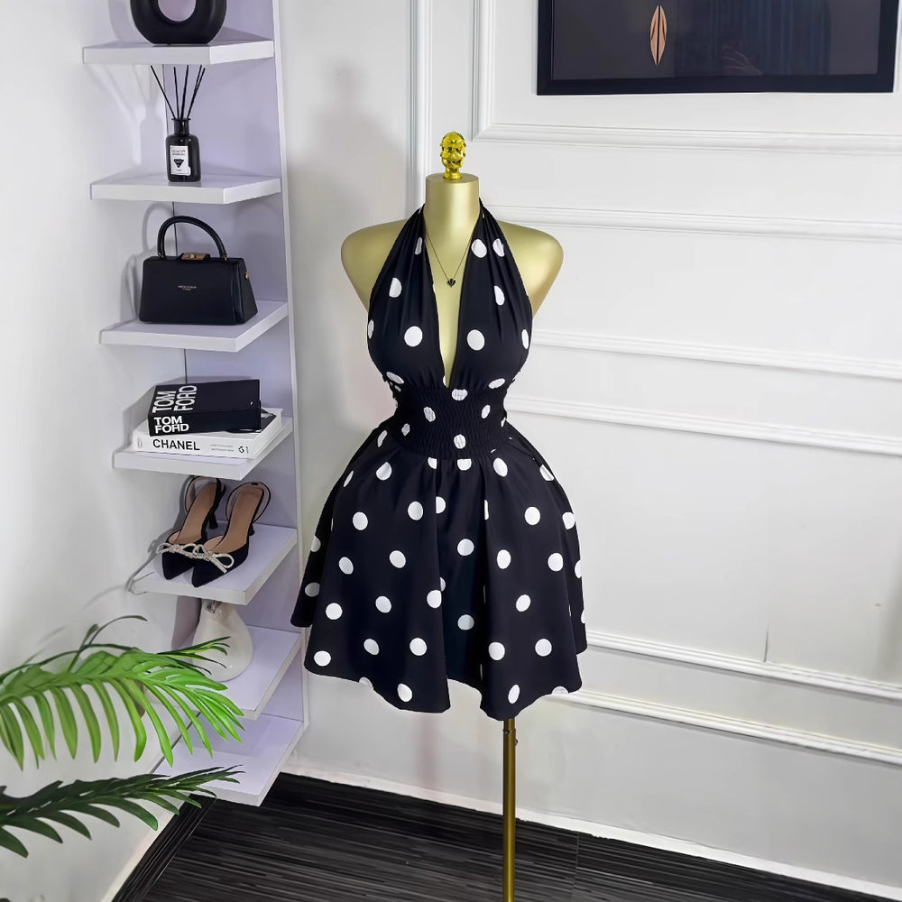 European and american cross-border women's fashion  summer new arrival polka dot sleeveless v-neck tie-back cutout waist short dress