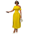 European and american women's clothing  summer new sweet and fresh asymmetrical neck off-shoulder short sleeve high-waisted slimming midi dress