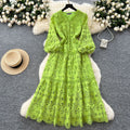 High-end fashion dress women's  spring new french style cinched waist slimming hollow-out crochet lace ruffle hem maxi dress
