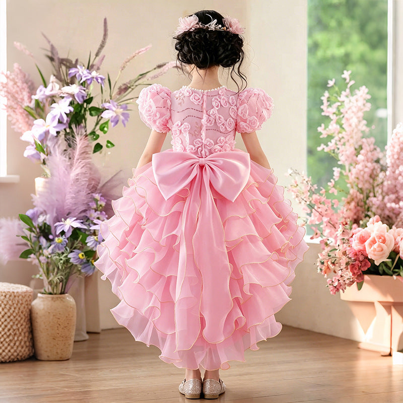 Girl dress trailing flower girl wedding dress puff sleeves new arrival cake skirt kids princess dressgirl dress
