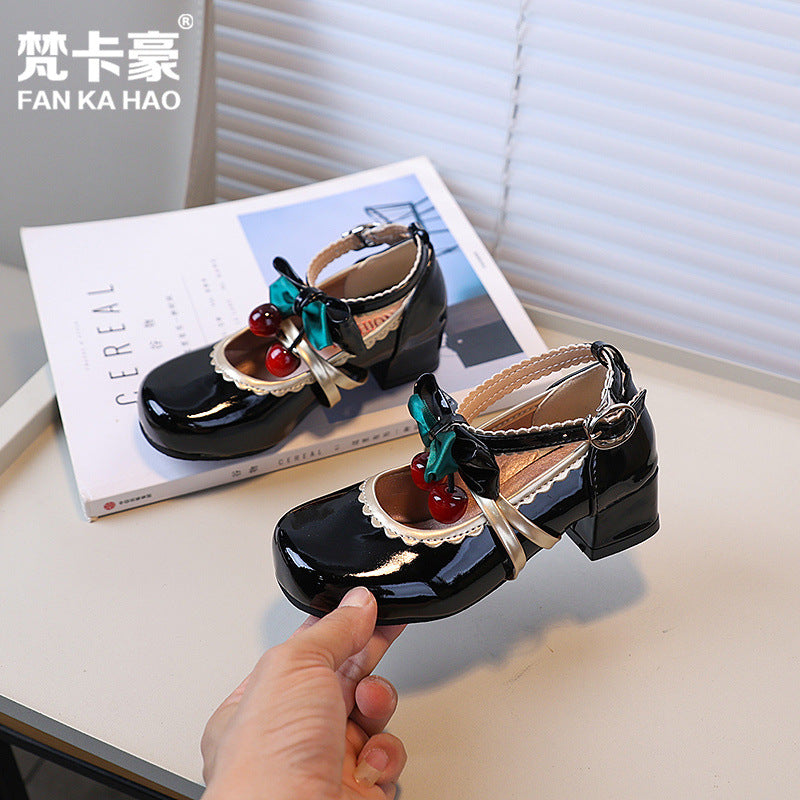 Vancahao kids chunky heel round toe mary jane leather shoes  new girls' cute bow princess shoes