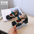 Vancahao kids chunky heel round toe mary jane leather shoes  new girls' cute bow princess shoes