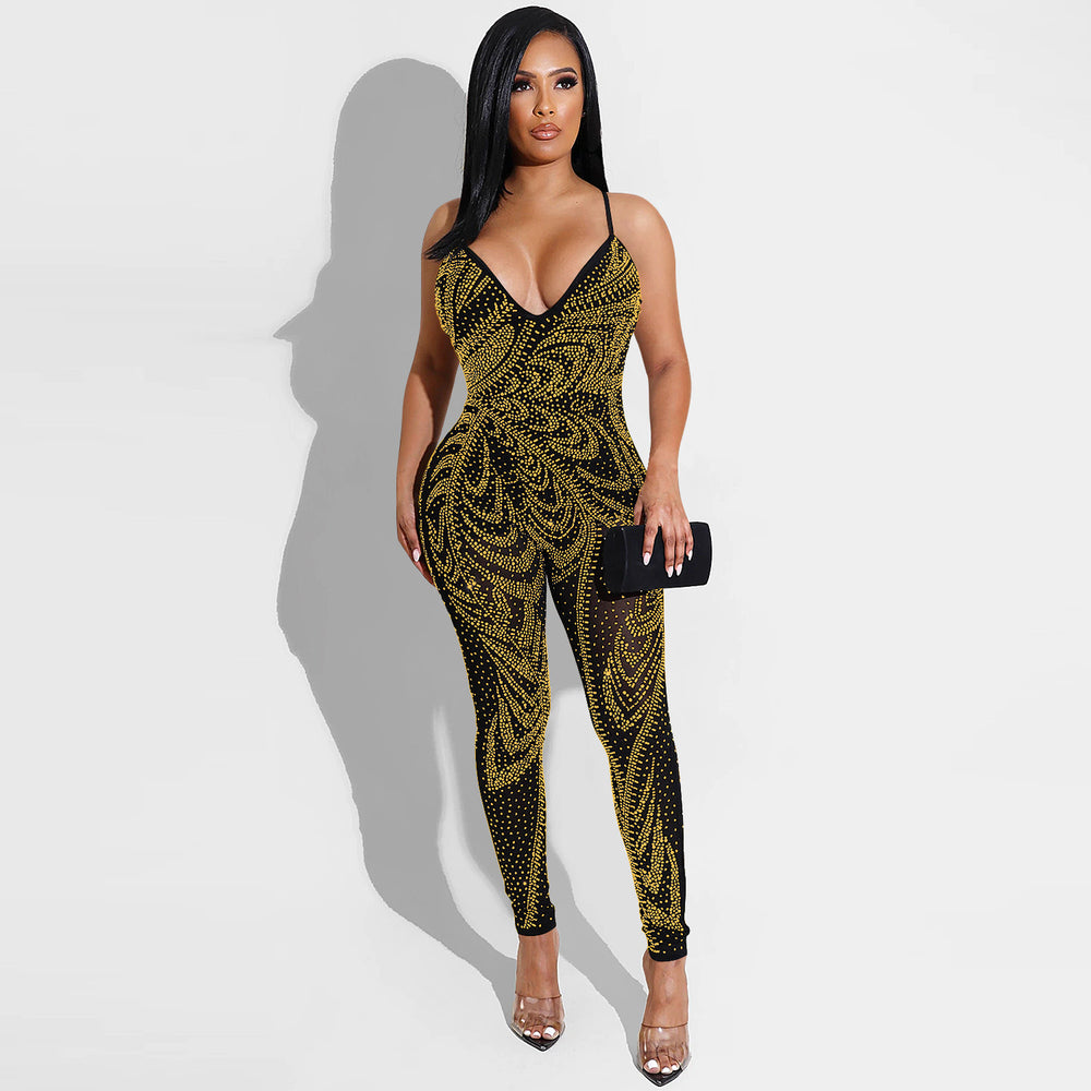 X5280 cross-border summer new arrivals: european and american style sexy nightclub mesh see-through milk silk camisole jumpsuit