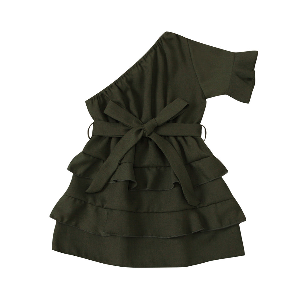 Clear! fashion cross-border girl pure color oblique shoulder patchwork multi-layer skirt dress qingqing warehouse style