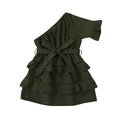 Clear! fashion cross-border girl pure color oblique shoulder patchwork multi-layer skirt dress qingqing warehouse style