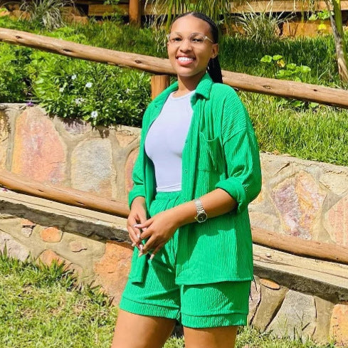 European and American large-size casual solid-color cardigan lapel shirt African women's clothing waist strap shorts fashionable new suit