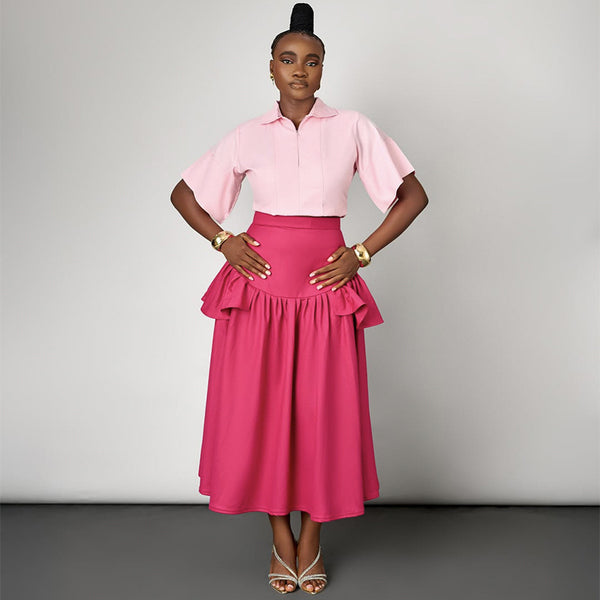 European and American  women's clothing 2025 autumn new fashion five-quarter sleeve short shirt ruffle edge skirt set