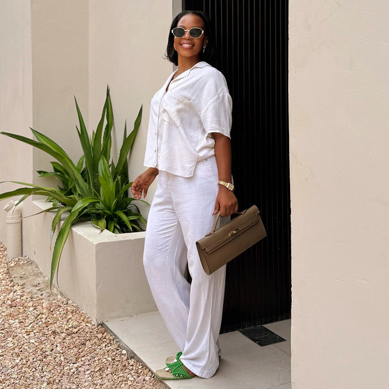 European and american cross-border women's fashion  new arrival: african-inspired chic lapel short-sleeve blouse and high-waisted wide-leg pants casual set