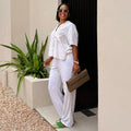 European and american cross-border women's fashion  new arrival: african-inspired chic lapel short-sleeve blouse and high-waisted wide-leg pants casual set