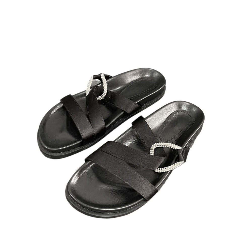 Spain 2024 summer new one-strap open-back women's shoes black rhinestone embellished flat round-toe european and american sandals