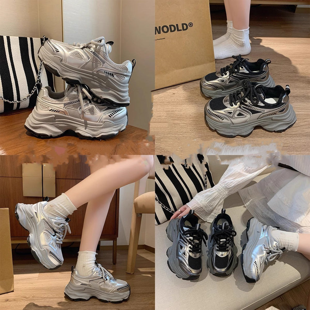 Black chunky platform sneakers for women, autumn/winter 2026 new collection, petite height increasing casual athletic shoes, soft sole fleece-lined women's footwear