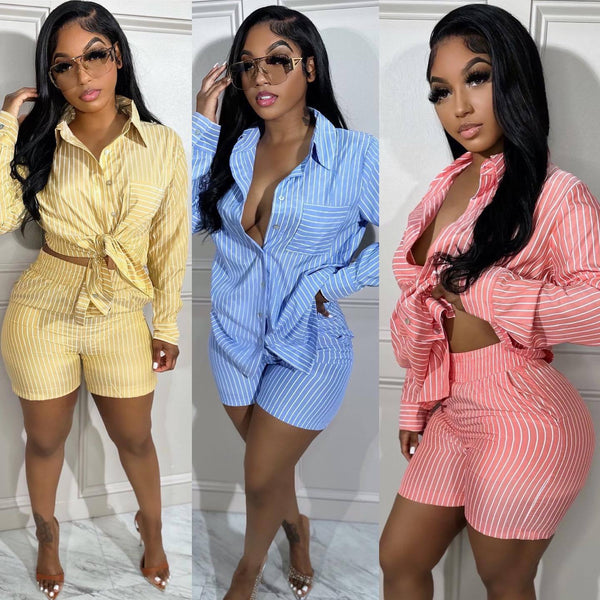 5570  women's clothing European and American casual shirt set, new pocket vertical stripe summer thin two-piece set