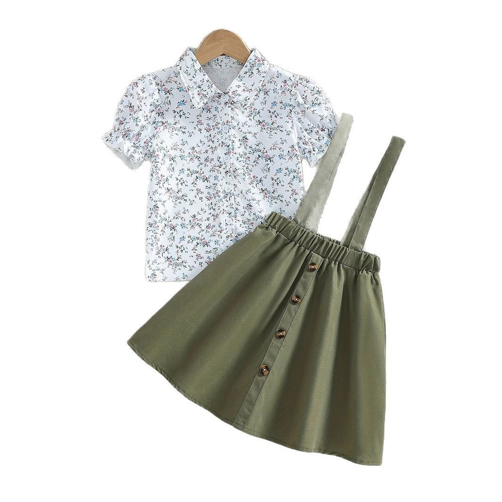 girl's suspender shirt skirt small flower pattern vest shoulder military green skirt kidstwo-piece set skirt