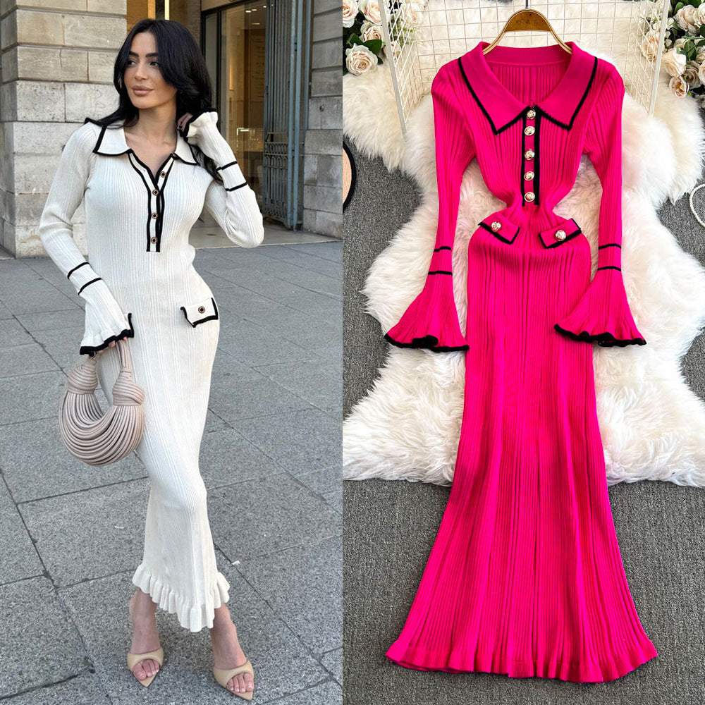 winternew arrivalpolo collar small fragrant style knittingdress women's long sleevesfashionelegant waist sweater skirt